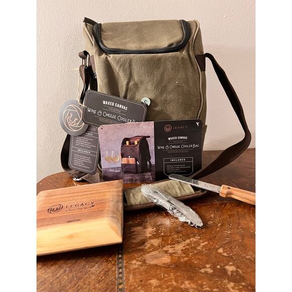 NWT Legacy Waxed 2 Wine Bottle Cooler Bag Cutting Board Knife and Bottle Opener - Picture 2 of 14